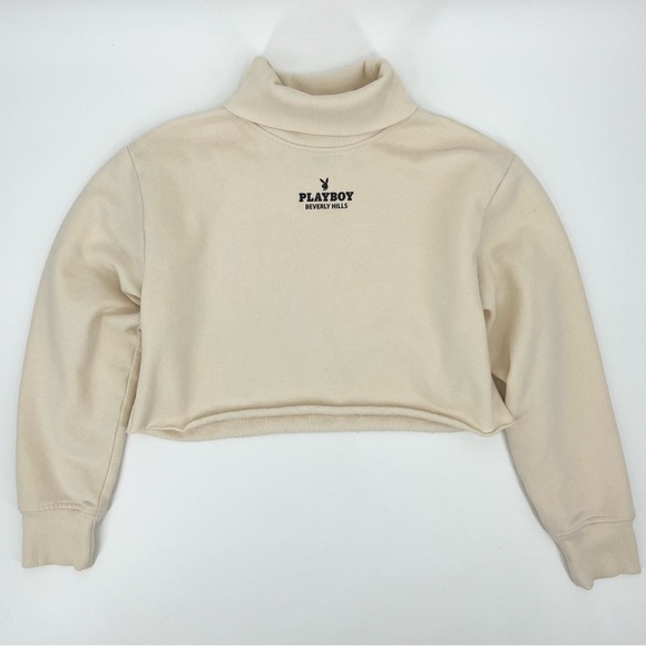 Playboy by Pacsun Cream Beverly Hills Graphic Cropped Turtleneck Sweatshirt - Picture 1 of 7